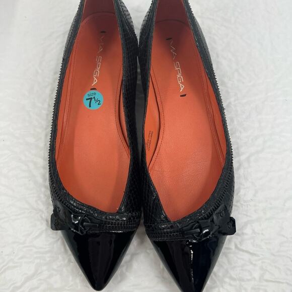 VIA SPIGA Black Leather & Patent Leather Pointy Flats with Zipper Accent - Picture 1 of 7